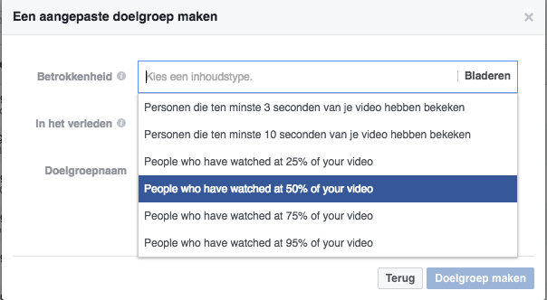 Facebook advertentie doelgroepenlijst video bekeken